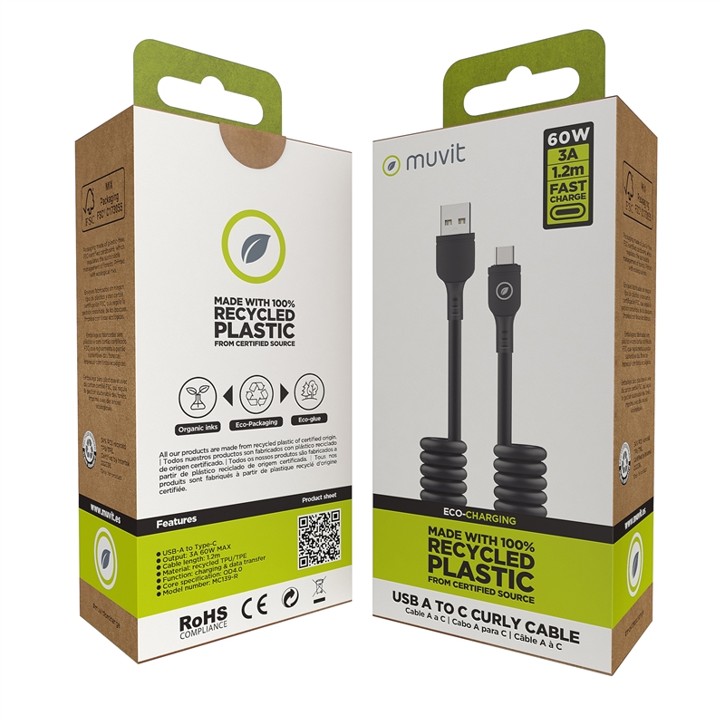muvit for change cable rizado USB a Tipo C 3A 60w 1,2m negro