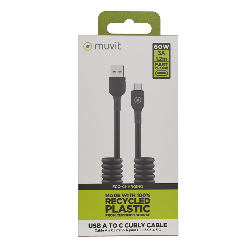 muvit for change cable rizado USB a Tipo C 3A 60w 1,2m negro