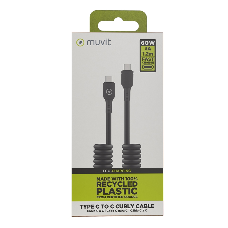 muvit for change cable rizado Tipo C a Tipo C 3A 60w 1,2m negro