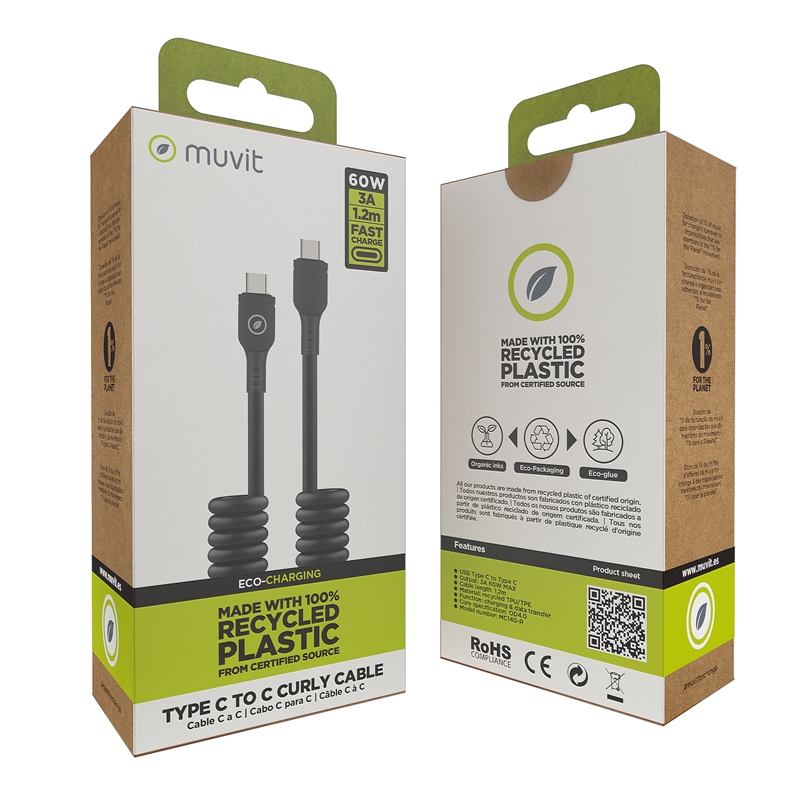 muvit for change cable rizado Tipo C a Tipo C 3A 60w 1,2m negro