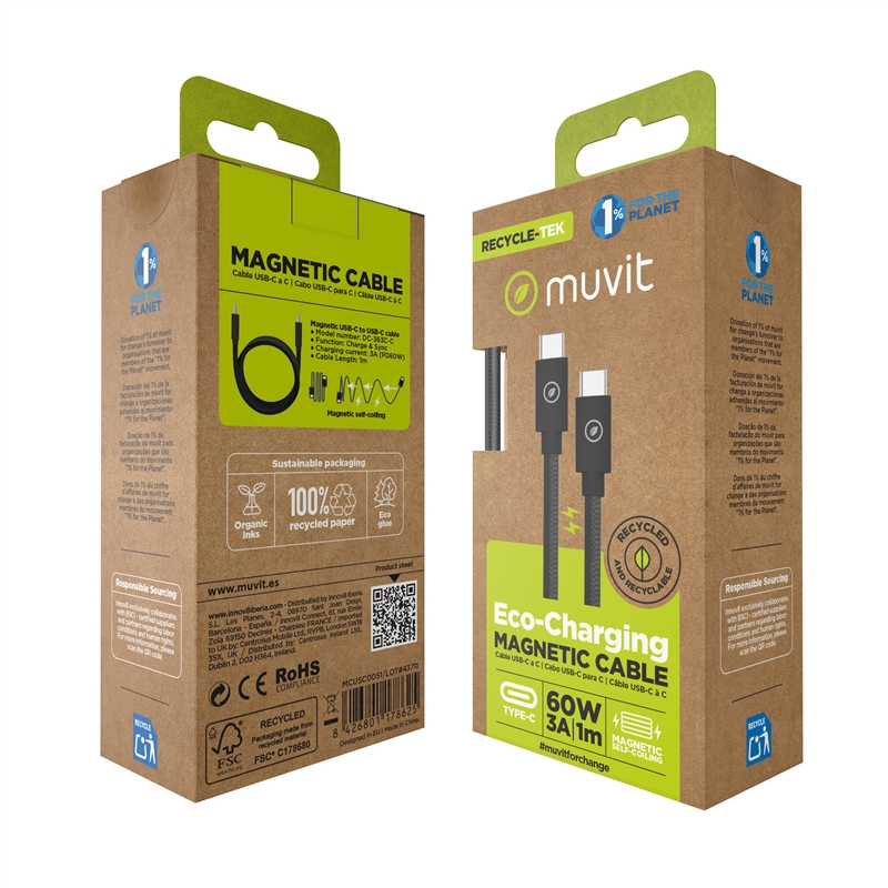 muvit for change cable magnético Tipo C a Tipo C 3A 60W 1m negro