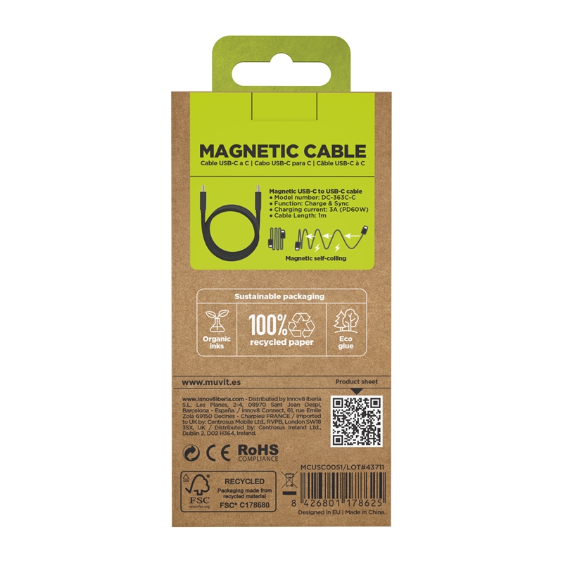 muvit for change cable magnético Tipo C a Tipo C 3A 60W 1m negro