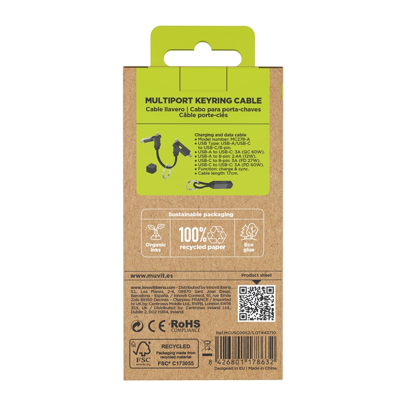 muvit for change cable Llavero multiconector (Tipo C, USB-A, 8-pin) negro
