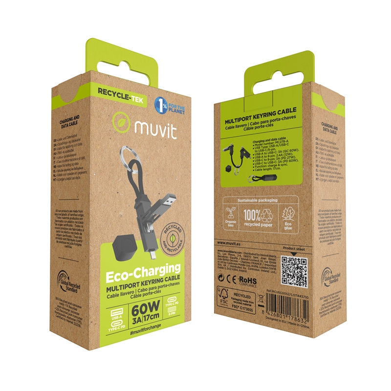 muvit for change cable Llavero multiconector (Tipo C, USB-A, 8-pin) negro