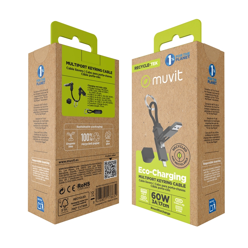 muvit for change cable Llavero multiconector (Tipo C, USB-A, 8-pin) negro