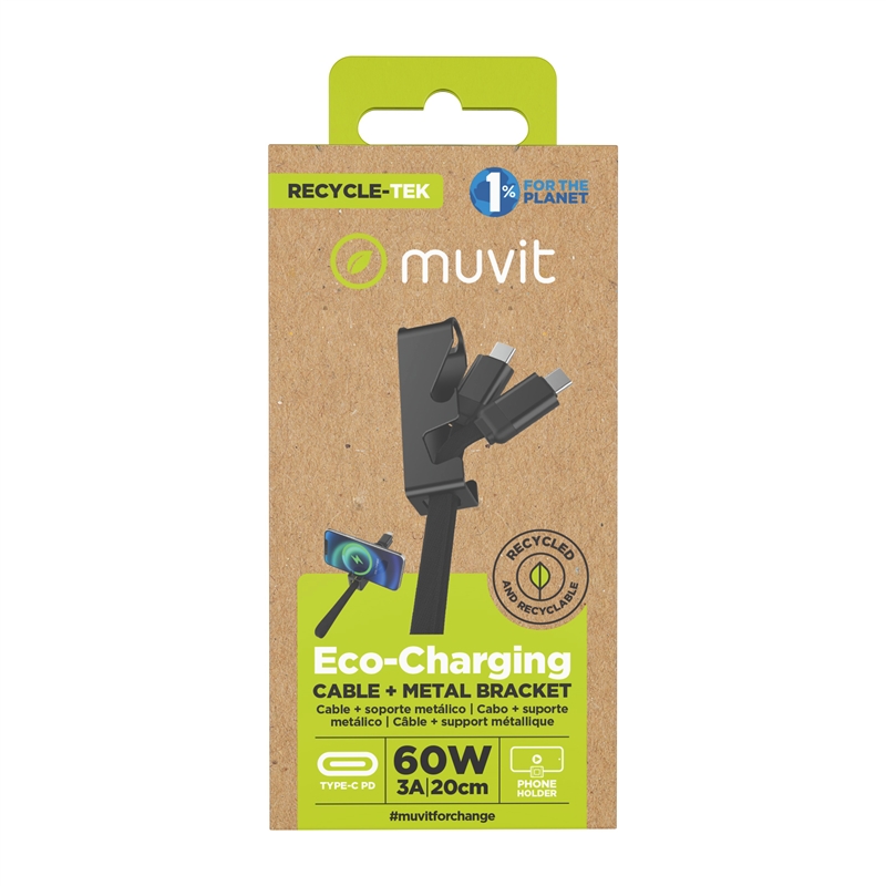 muvit for change cable Llavero con función soporte Tipo C a Tipo C 3A 60W negro y gris