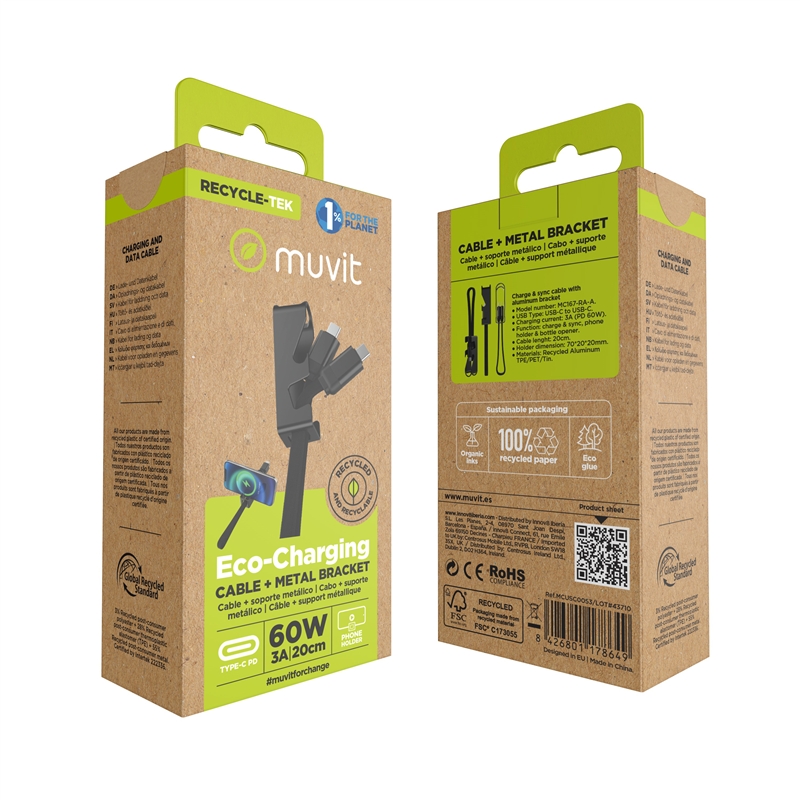 muvit for change cable Llavero con función soporte Tipo C a Tipo C 3A 60W negro y gris