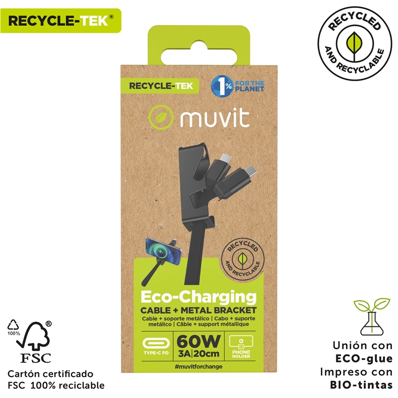 muvit for change cable Llavero con función soporte Tipo C a Tipo C 3A 60W negro y gris