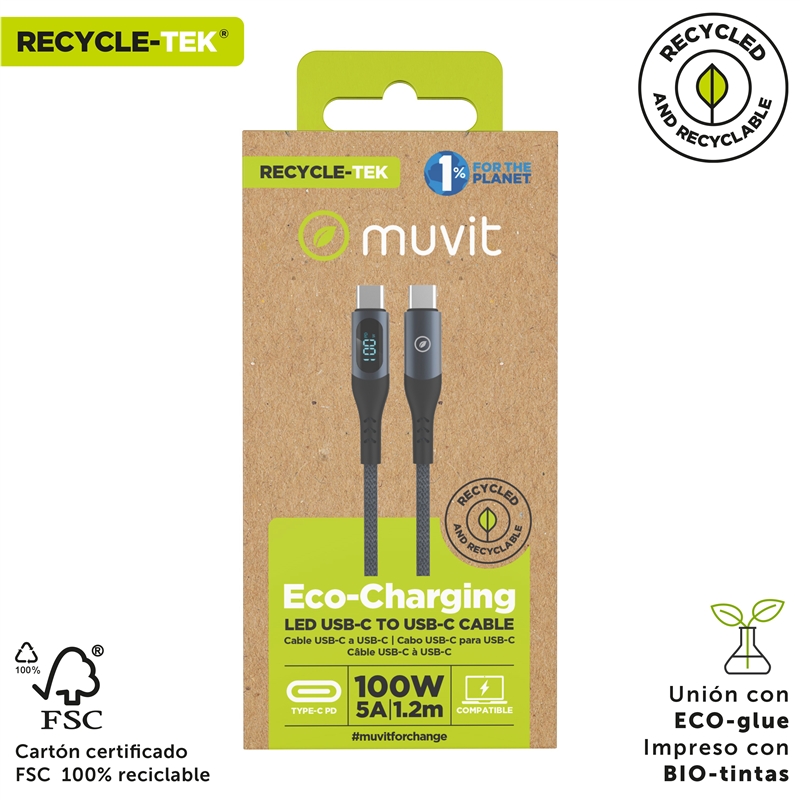 muvit for change cable Tipo C a Tipo C 100W con pantalla LCD gris