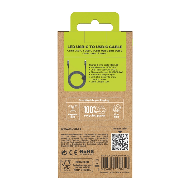 muvit for change cable Tipo C a Tipo C 100W con pantalla LCD gris