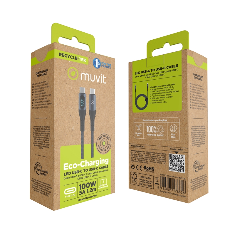 muvit for change cable Tipo C a Tipo C 100W con pantalla LCD gris