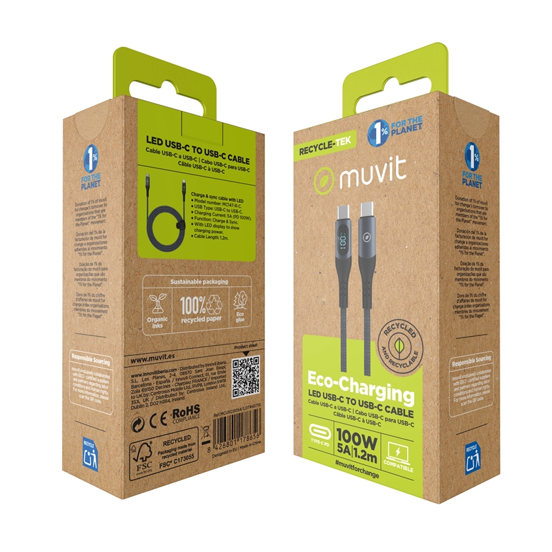 muvit for change cable Tipo C a Tipo C 100W con pantalla LCD gris