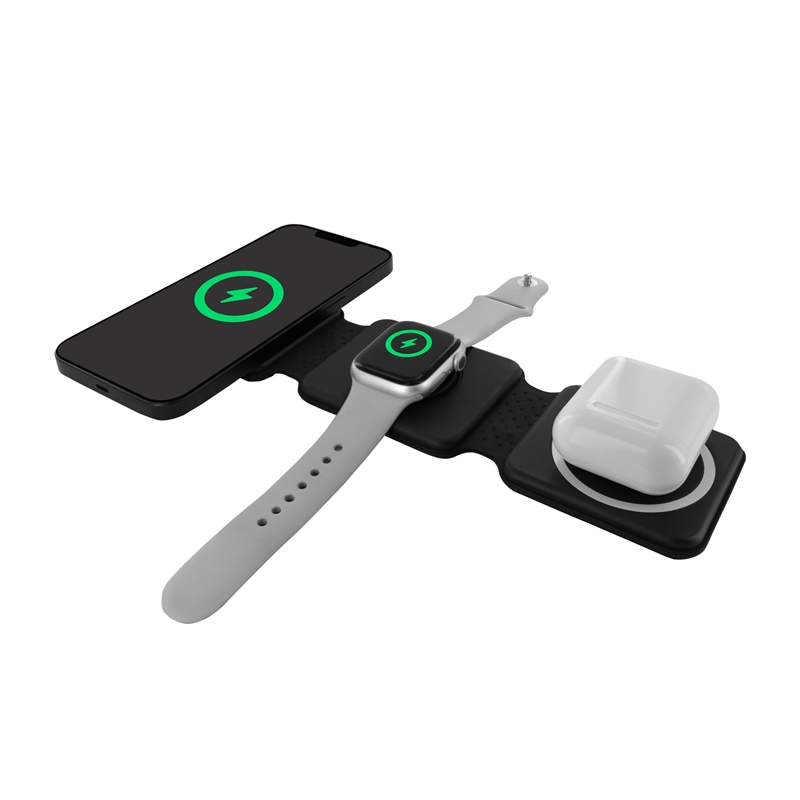 muvit for change cargador 3 en 1 compacto wireless con magsafe+Watch+Airpod plegable negro