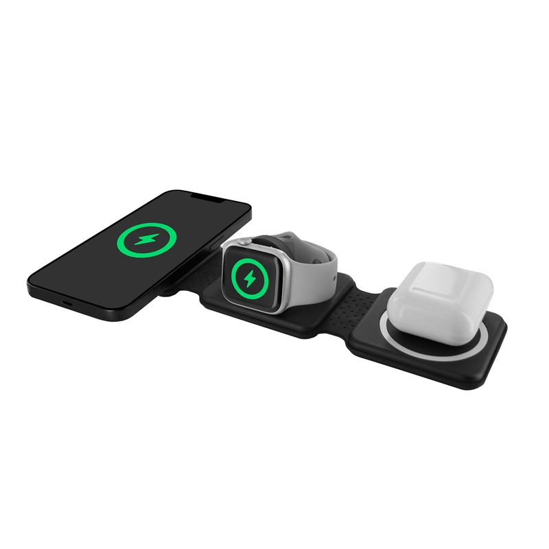 muvit for change cargador 3 en 1 compacto wireless con magsafe+Watch+Airpod plegable negro