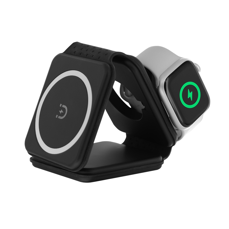 muvit for change cargador 3 en 1 compacto wireless con magsafe+Watch+Airpod plegable negro