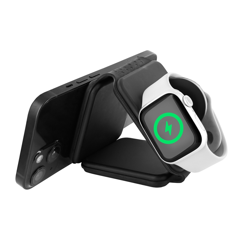 muvit for change cargador 3 en 1 compacto wireless con magsafe+Watch+Airpod plegable negro
