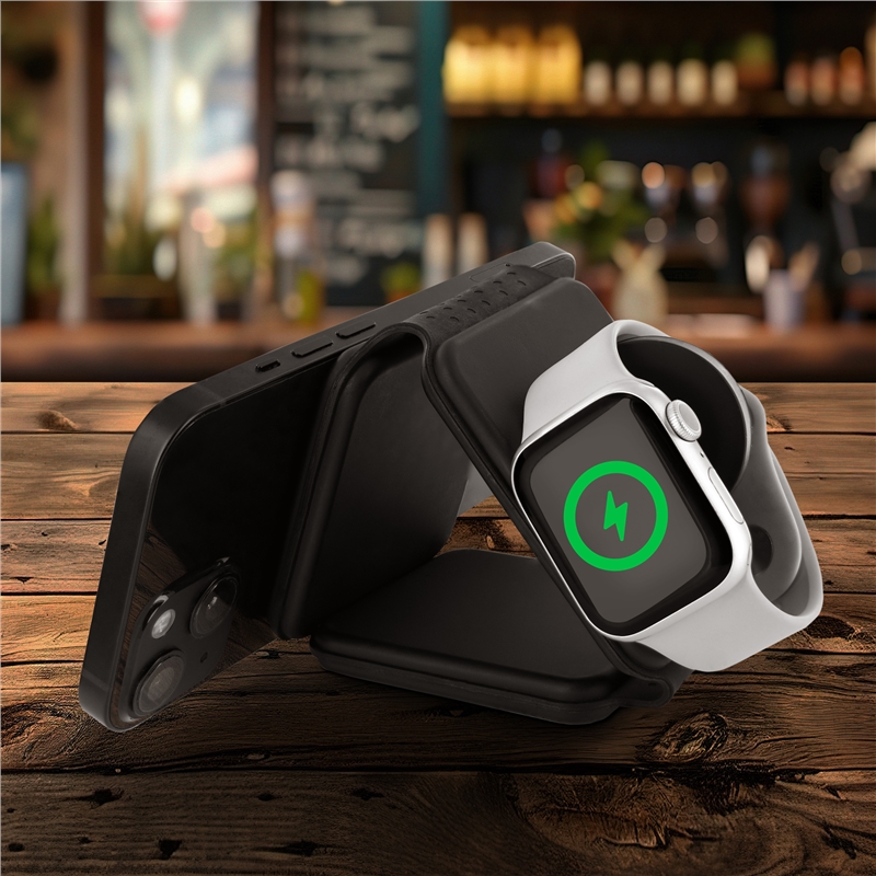 muvit for change cargador 3 en 1 compacto wireless con magsafe+Watch+Airpod plegable negro