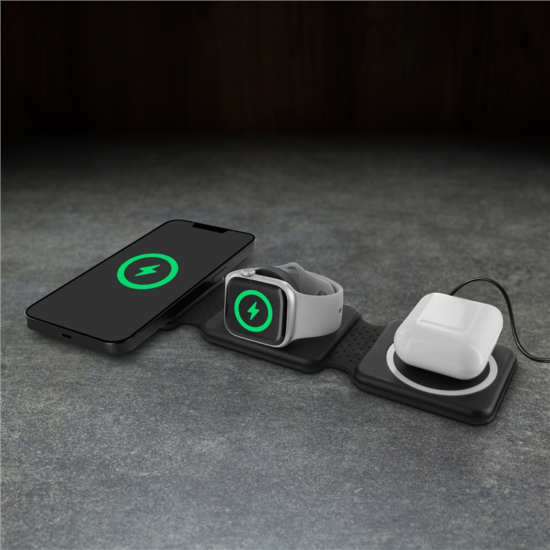 muvit for change cargador 3 en 1 compacto wireless con magsafe+Watch+Airpod plegable negro