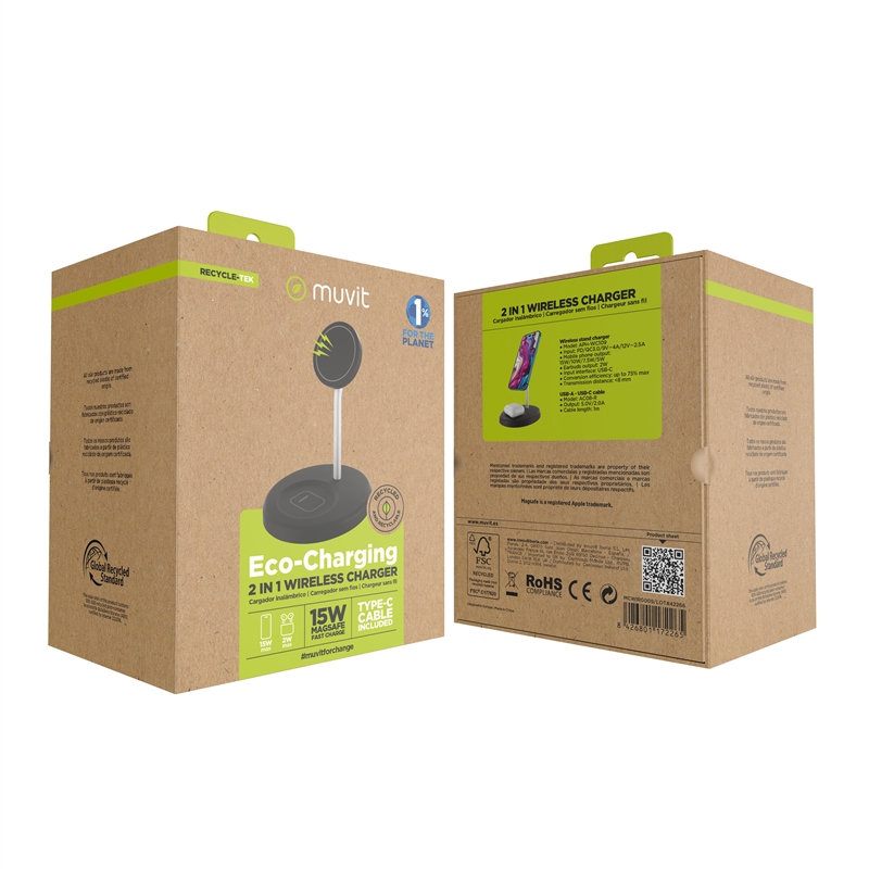 muvit for change cargador 2 en 1 soporte magsafe+iWatch/Airpod negro