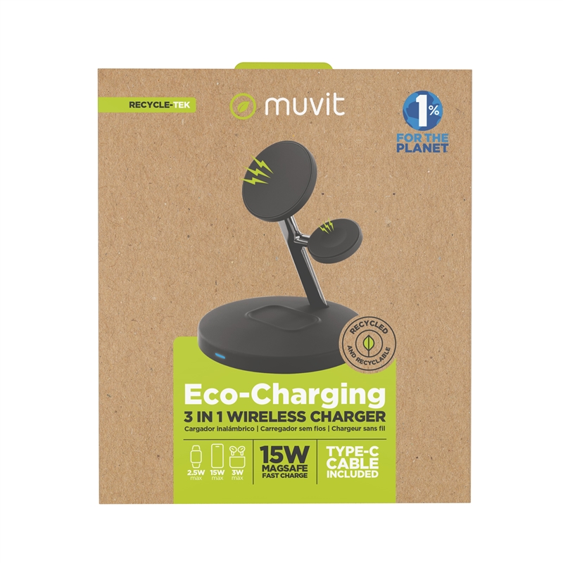 muvit for change cargador 3 en 1 soporte magsafe+soporte iWatch+Airpod negro