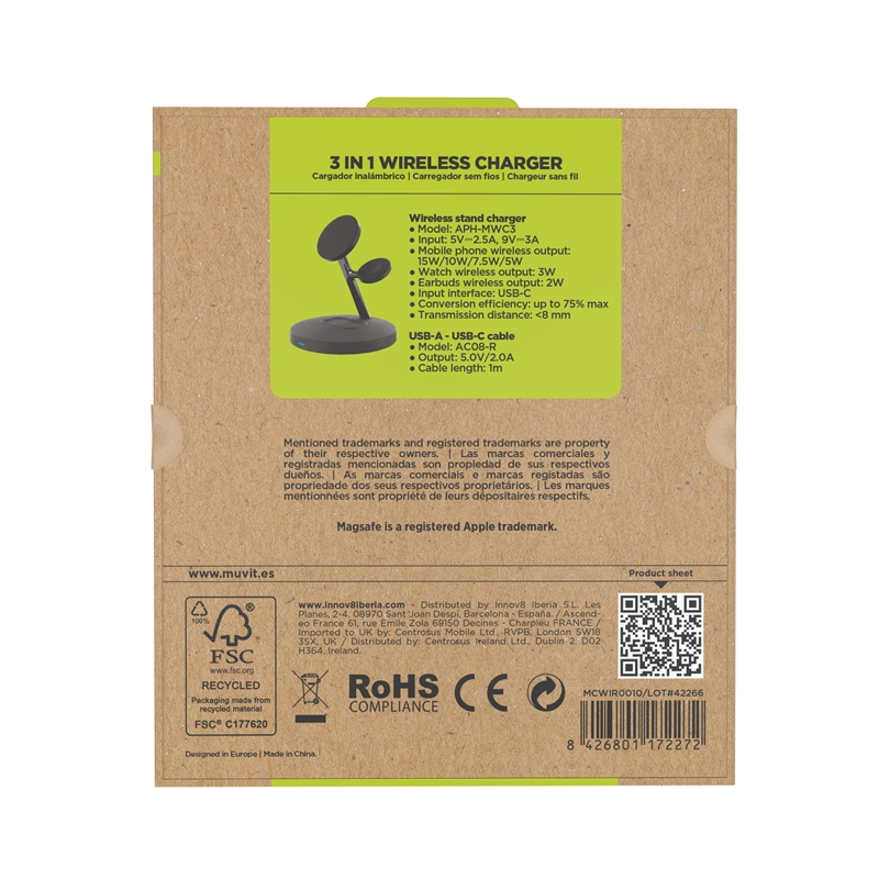 muvit for change cargador 3 en 1 soporte magsafe+soporte iWatch+Airpod negro