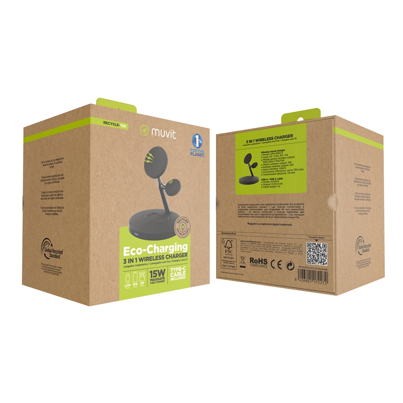 muvit for change cargador 3 en 1 soporte magsafe+soporte iWatch+Airpod negro