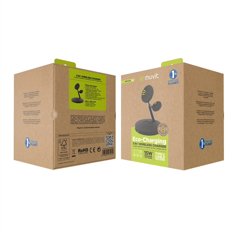 muvit for change cargador 3 en 1 soporte magsafe+soporte iWatch+Airpod negro