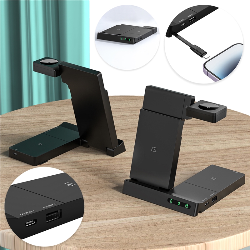 muvit for change base cargadora inalambrica 6 en 1 plegable smartphone+Watch+Airpods+dos puertos USB A+C negra