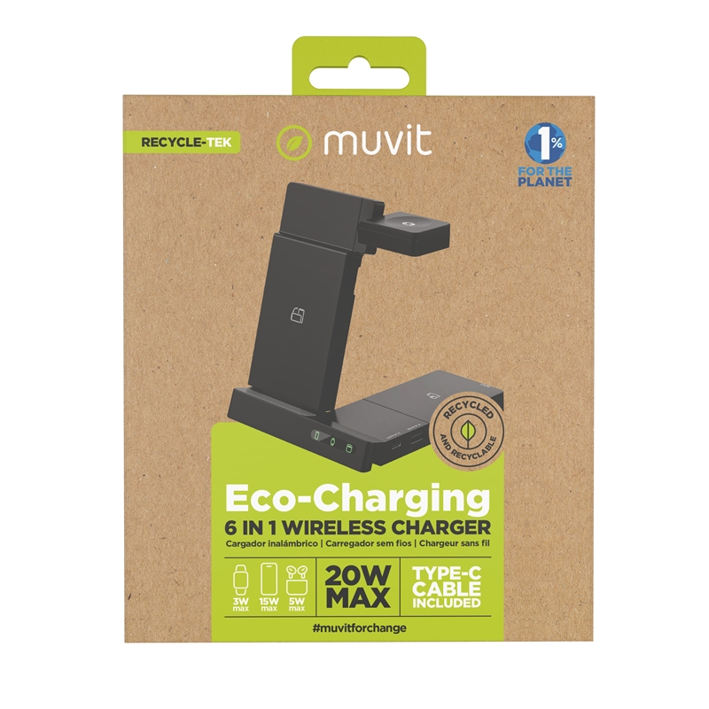 muvit for change base cargadora inalambrica 6 en 1 plegable smartphone+Watch+Airpods+dos puertos USB A+C negra