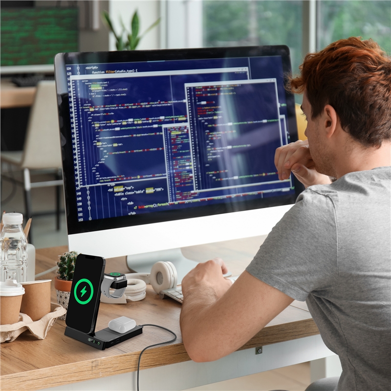 muvit for change base cargadora inalambrica 6 en 1 plegable smartphone+Watch+Airpods+dos puertos USB A+C negra