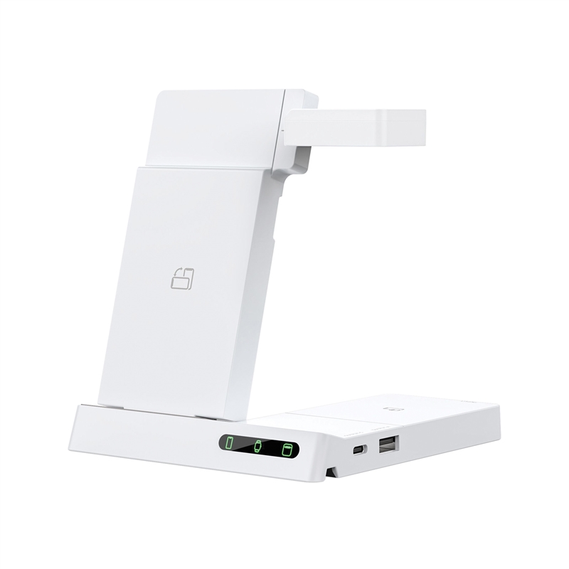 muvit for change base cargadora inalambrica 6 en 1 plegable smartwatch + iWatch + Airpods + dos puertos USB A + C blanca