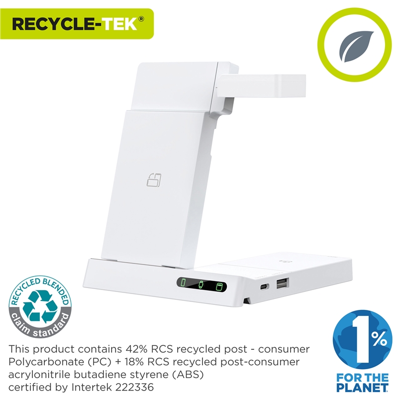 muvit for change base cargadora inalambrica 6 en 1 plegable smartwatch + iWatch + Airpods + dos puertos USB A + C blanca