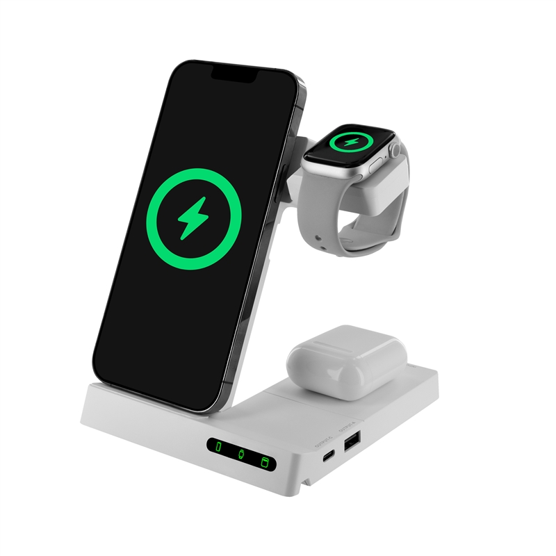 muvit for change base cargadora inalambrica 6 en 1 plegable smartwatch + iWatch + Airpods + dos puertos USB A + C blanca