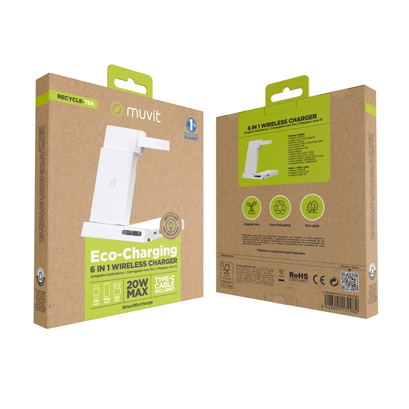 muvit for change base cargadora inalambrica 6 en 1 plegable smartwatch + iWatch + Airpods + dos puertos USB A + C blanca