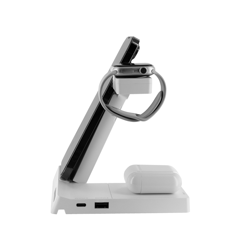 muvit for change base cargadora inalambrica 6 en 1 plegable smartwatch + iWatch + Airpods + dos puertos USB A + C blanca