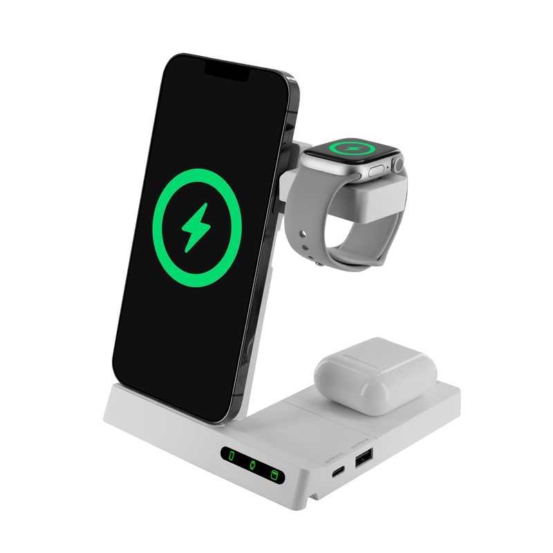 muvit for change base cargadora inalambrica 6 en 1 plegable smartwatch + iWatch + Airpods + dos puertos USB A + C blanca