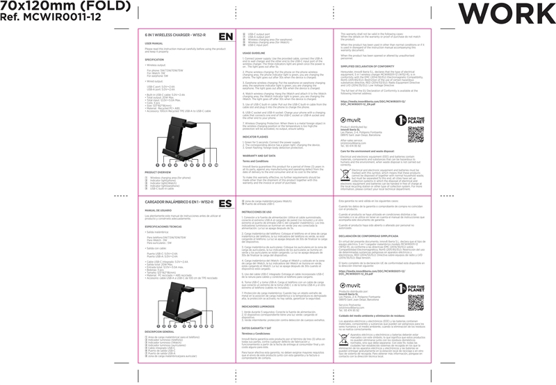 muvit for change base cargadora inalambrica 6 en 1 plegable smartwatch + iWatch + Airpods + dos puertos USB A + C blanca