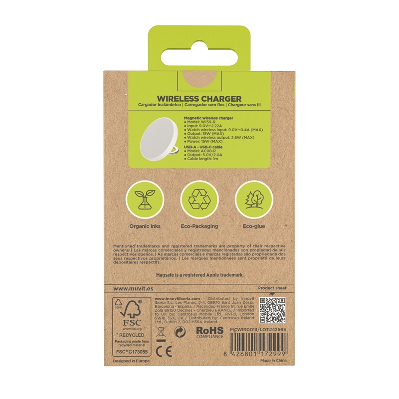 muvit for change cargador Magsafe+iWatch+Airpods inalambrico 15W con soporte y cable tipo C incluido