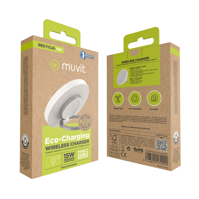 muvit for change cargador Magsafe+iWatch+Airpods inalambrico 15W con soporte y cable tipo C incluido