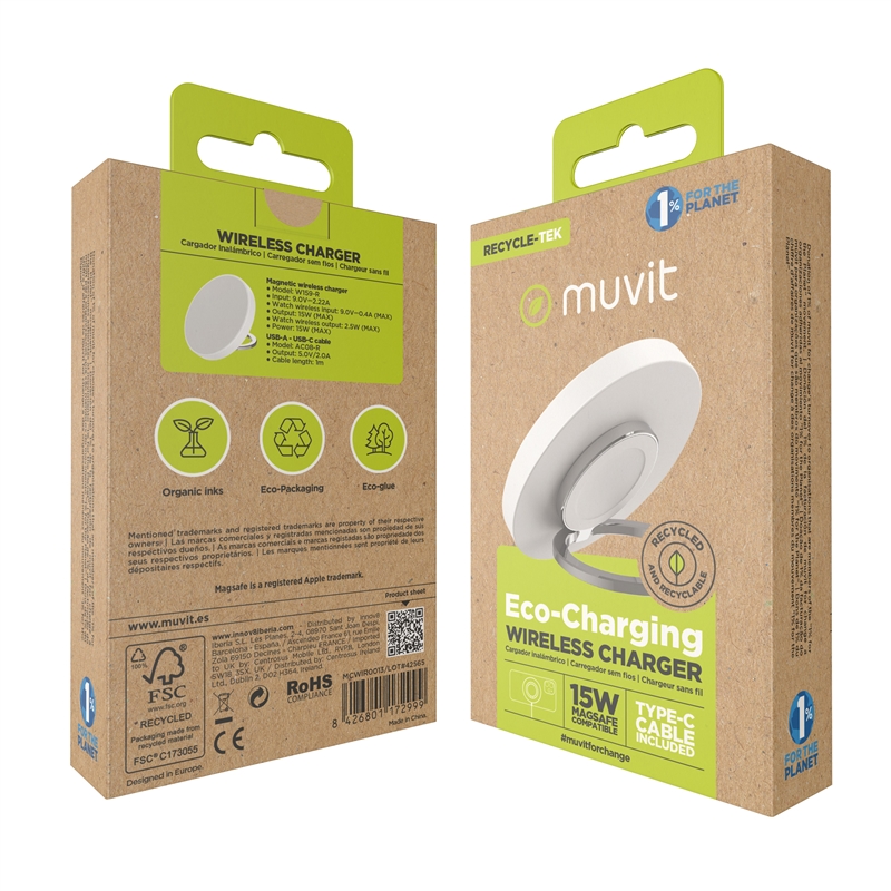 muvit for change cargador Magsafe+iWatch+Airpods inalambrico 15W con soporte y cable tipo C incluido