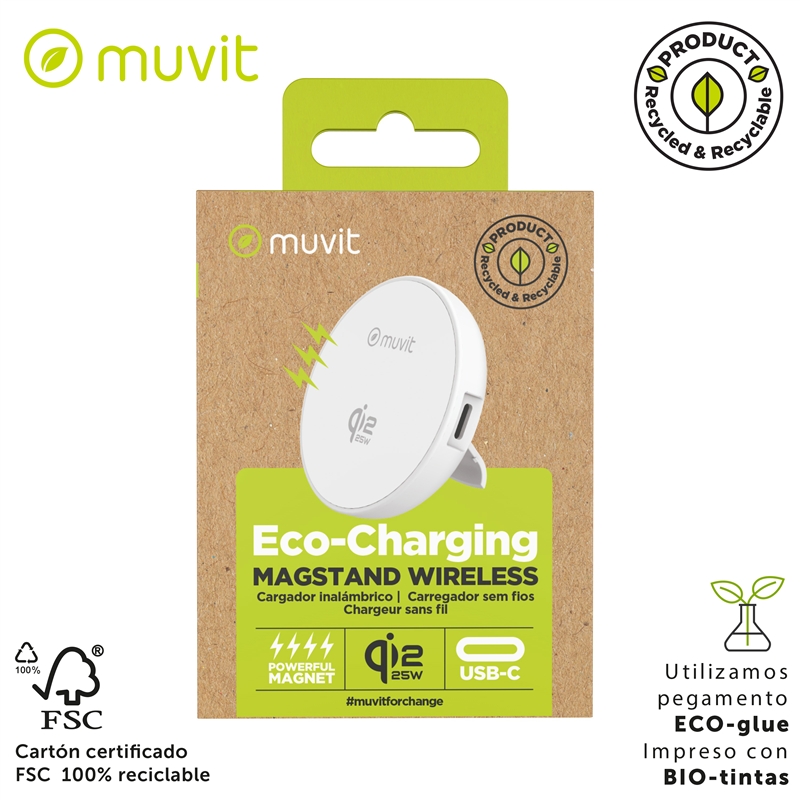 muvit for change cargador inalámbrico Qi2 25W con soporte blanco