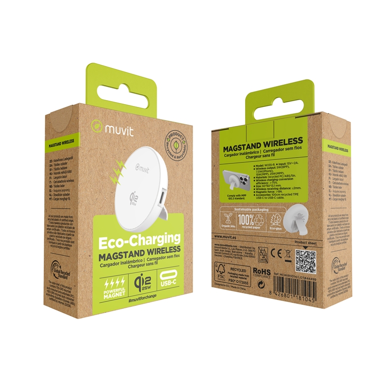 muvit for change cargador inalámbrico Qi2 25W con soporte blanco