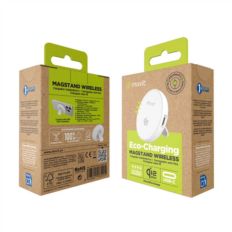 muvit for change cargador inalámbrico Qi2 25W con soporte blanco
