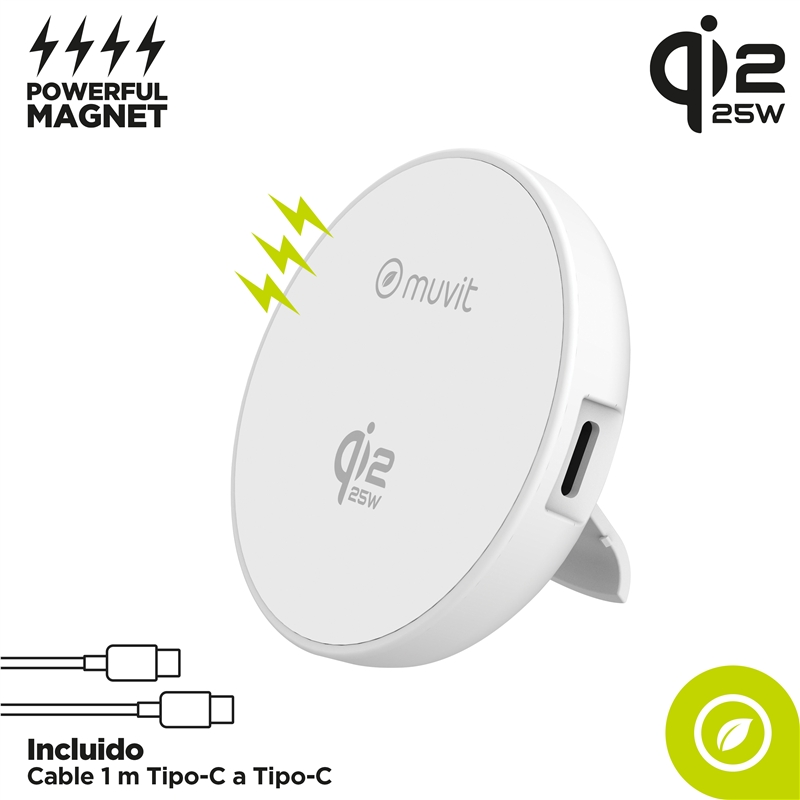 muvit for change cargador inalámbrico Qi2 25W con soporte blanco