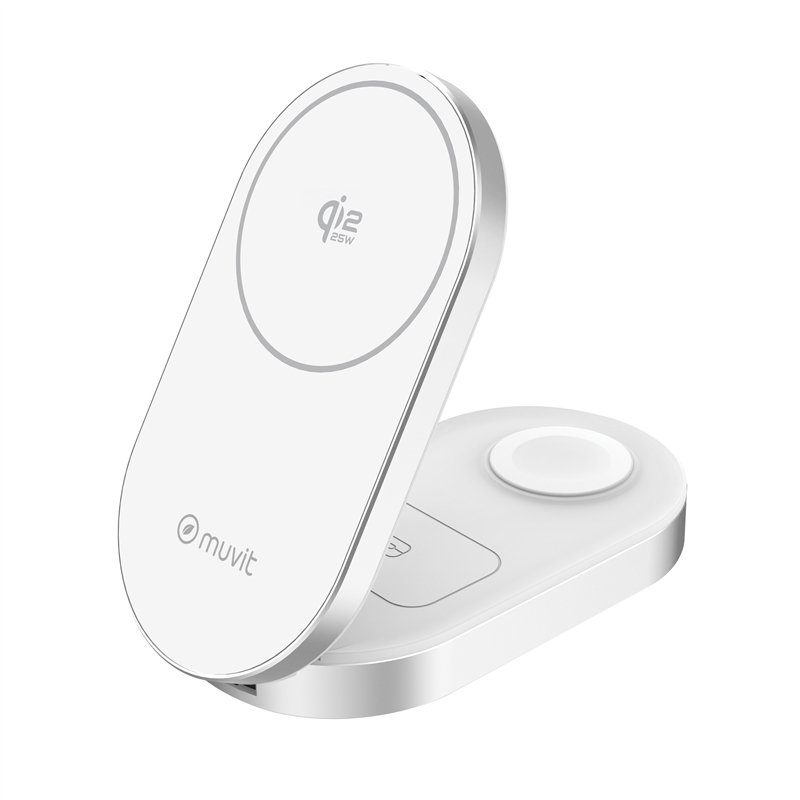 muvit for change base cargadora inalámbrica 3 en 1 plegable Qi2 25W + 2.5W Watch + 5W earbuds blanca