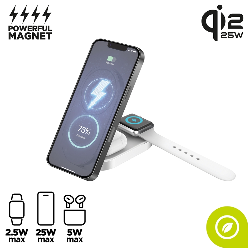 muvit for change base cargadora inalámbrica 3 en 1 plegable Qi2 25W + 2.5W Watch + 5W earbuds blanca