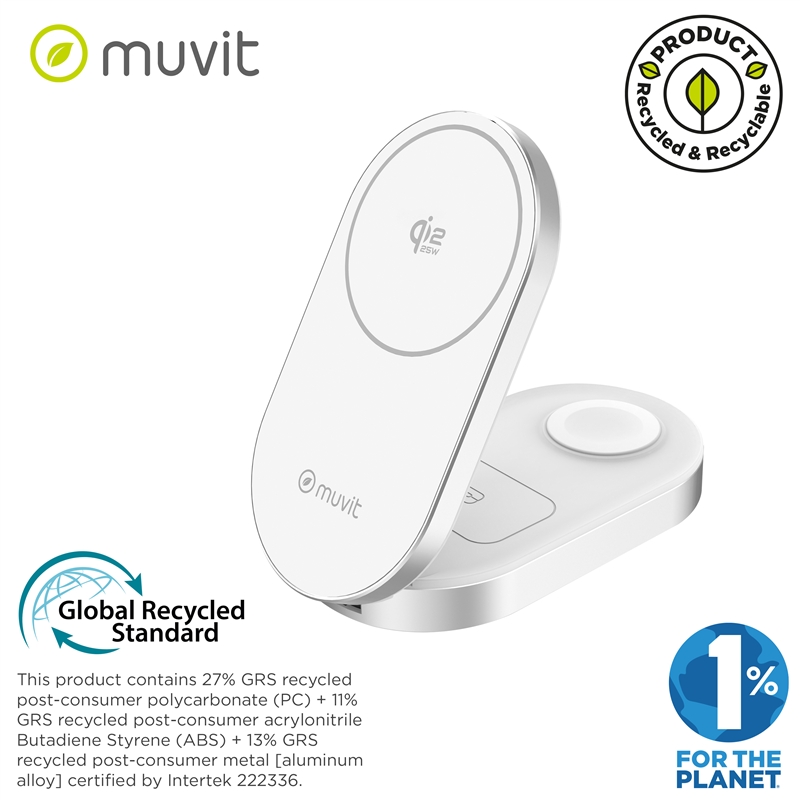 muvit for change base cargadora inalámbrica 3 en 1 plegable Qi2 25W + 2.5W Watch + 5W earbuds blanca