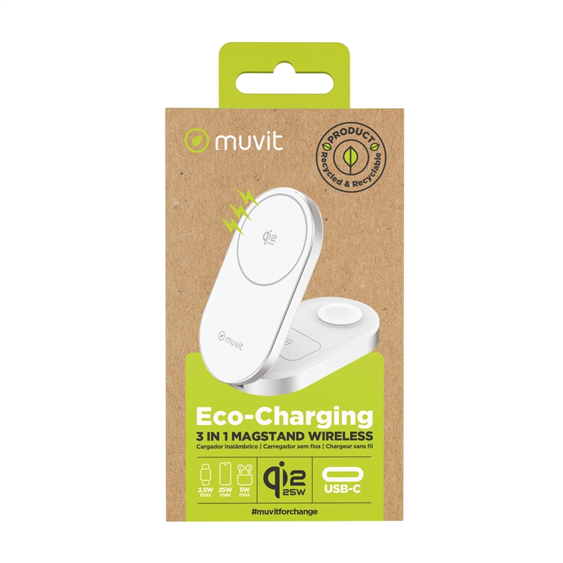 muvit for change base cargadora inalámbrica 3 en 1 plegable Qi2 25W + 2.5W Watch + 5W earbuds blanca