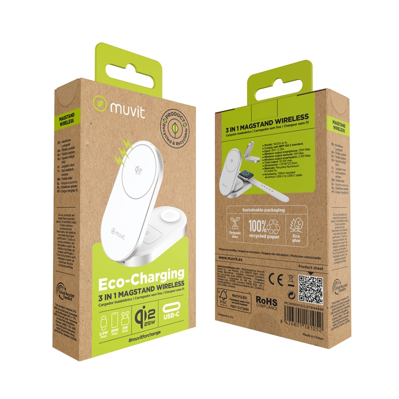 muvit for change base cargadora inalámbrica 3 en 1 plegable Qi2 25W + 2.5W Watch + 5W earbuds blanca